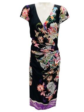 ETRO BLACK MULTI PAISLEY AND FLORAL PRINTED SILK MIDI DRESS